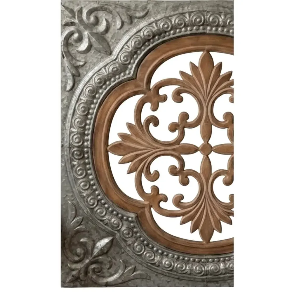 Rustic Metal & Wood Wall Medallion Fleur De Lis Carving Decor NEW